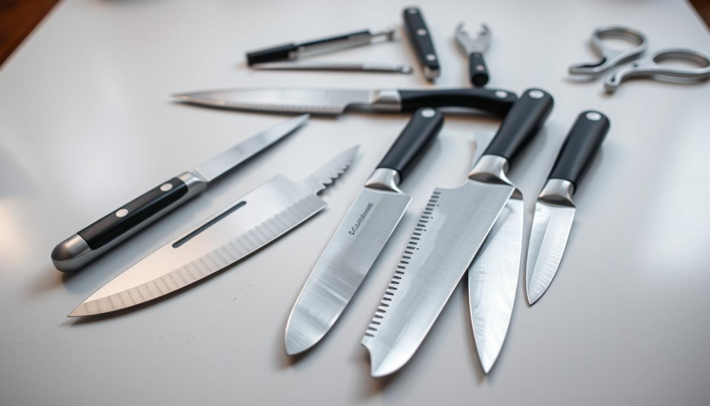 A meticulously arranged set of high-quality kitchen knives on a sleek, minimalist table. The blades gleam under soft, diffused lighting, their sharp edges hinting at their precision. In the foreground, a chef's knife, a paring knife, and a serrated bread knife stand out, their handles crafted from durable yet elegant materials. The middle ground features a versatile utility knife and a boning knife, while the background showcases a honing steel and a pair of kitchen shears, completing the comprehensive knife set. The overall scene conveys a sense of culinary professionalism and the importance of carefully selected, individual knives in elevated home cooking.