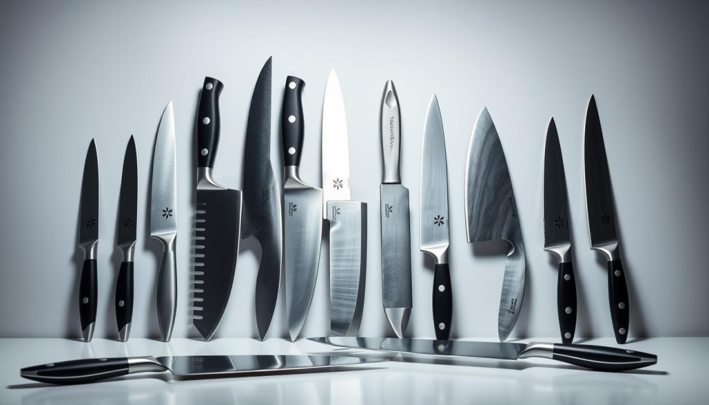 A meticulously arranged still life featuring an assortment of chef knives from Walmart and other prominent retailers. The knives are displayed on a clean, minimalist table, illuminated by soft, directional lighting that accentuates their sleek lines and intricate details. The composition highlights the visual contrasts between the knives, showcasing their unique blade shapes, handle materials, and overall design aesthetics. The background is a muted, neutral tone, allowing the knives to take center stage and inviting the viewer to closely examine and compare the subtle differences between the various options. The overall mood is one of refined elegance, emphasizing the importance of selecting the right chef's knife for the home cook's culinary needs.