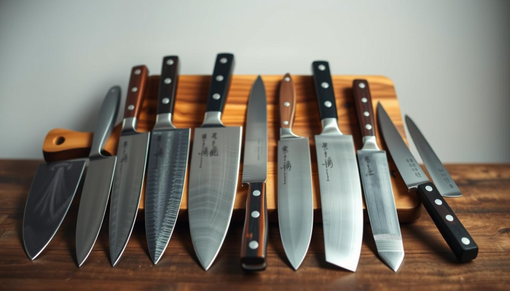 A meticulously arranged still life showcasing an array of Japanese chef knives. In the foreground, a selection of precise, razor-sharp blades in varying lengths and styles, crafted from high-carbon steel and featuring distinctive handles. In the middle ground, a wooden cutting board, perhaps lightly distressed, provides a rustic backdrop. The background features a simple, minimalist setting, allowing the knives to take center stage, illuminated by soft, natural lighting that highlights their elegant profiles and gleaming surfaces. The overall composition exudes a sense of precision, craftsmanship, and the essential tools of the culinary trade.