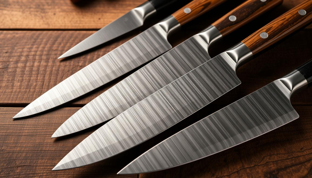 A meticulously crafted arrangement of high-quality chef knives set against a backdrop of warm, earthy tones. The blades, honed to a razor's edge, gleam under the soft, directional lighting, casting subtle shadows that accentuate their precise lines and contours. The knives, nestled on a rustic wooden surface, convey a sense of professionalism and culinary expertise. The overall composition evokes a mood of focus, dedication, and the mastery of one's craft, reflecting the essence of the "Enhancing Your Skills with the Right Knife" section.