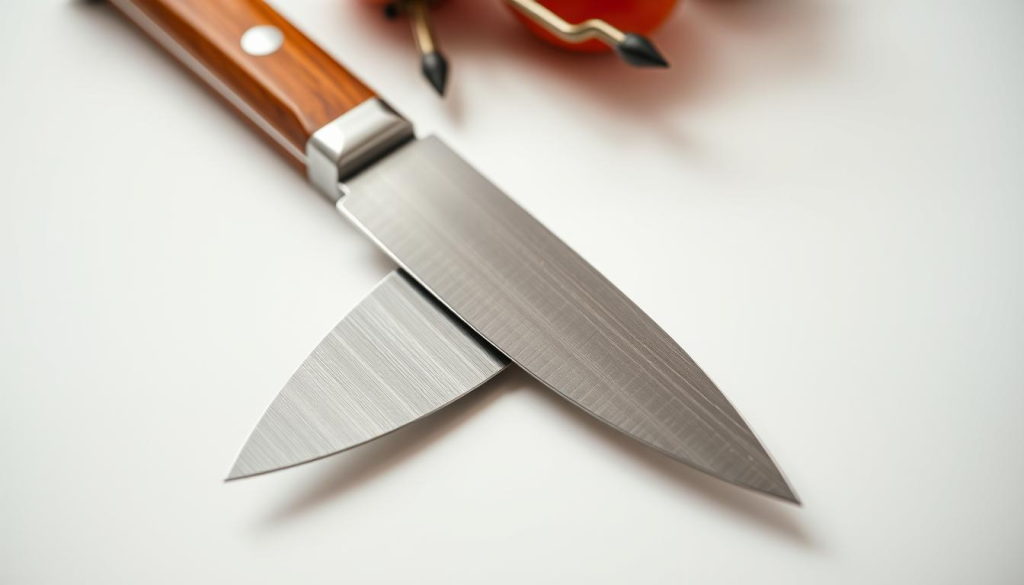 A meticulously crafted chef's knife, its blade gleaming under soft studio lighting. The stainless steel surface reflects the kitchen's warm tones, complementing the wooden handle's elegant grain. The knife rests on a minimalist white backdrop, allowing its form and craftsmanship to take center stage. The image conveys a sense of precision, quality, and the chef's dedication to their craft - a fitting representation of the Victorinox brand's commitment to excellence in the kitchen.