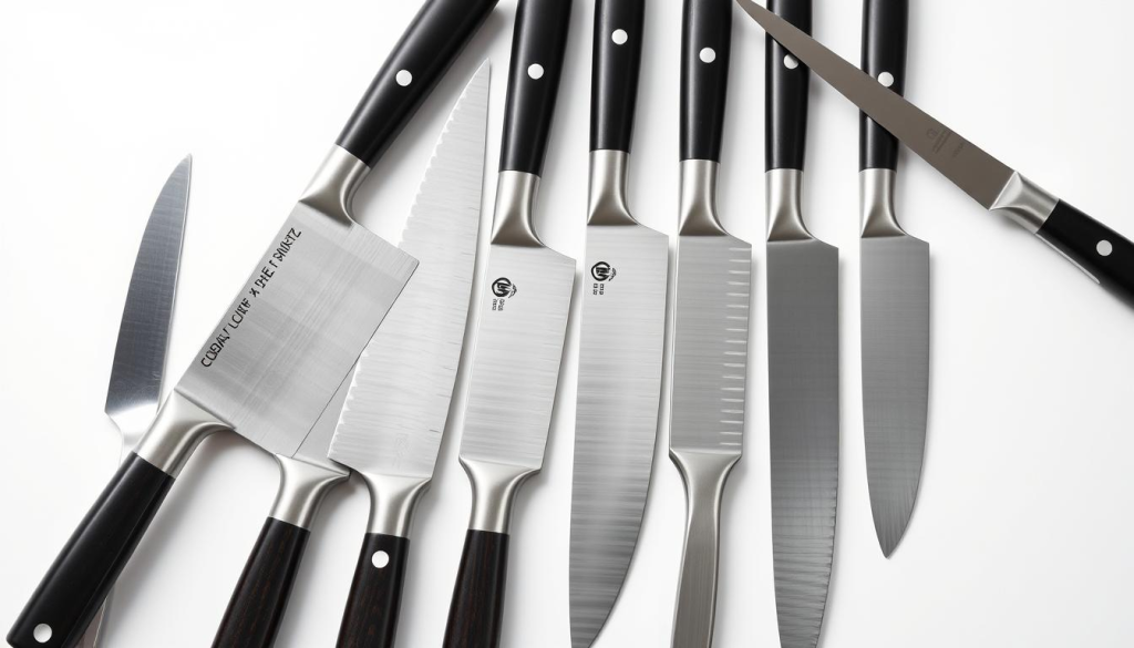 A meticulously crafted collection of high-quality global chef knives, arranged against a crisp white backdrop. The gleaming stainless steel blades reflect the studio lighting, casting a soft, professional glow. The knives are displayed in a clean, minimalist layout, showcasing their elegant silhouettes and precise craftsmanship. The composition emphasizes the versatility and premium quality of this chef knife set, inviting the viewer to imagine its capabilities in the hands of a skilled culinary artist. The overall mood is one of understated sophistication, hinting at the transformative power these tools hold for the discerning cook.