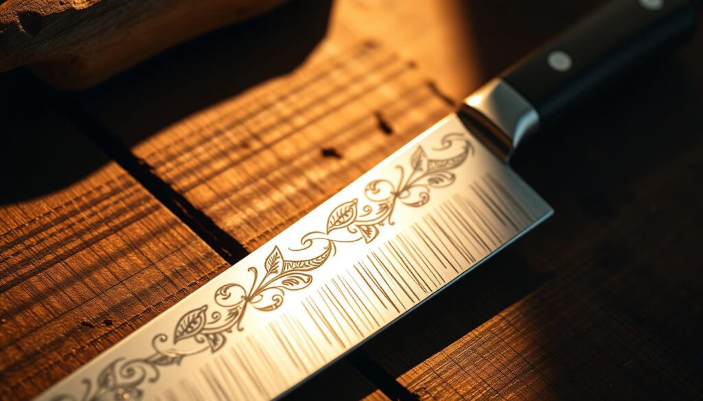 A meticulously crafted, custom-engraved chef's knife resting on a rustic wooden surface, illuminated by warm, directional lighting that casts subtle shadows, highlighting the intricate patterns and textures of the blade and handle. The engraved design is a harmonious blend of elegant flourishes and bold geometric shapes, reflecting the artistry and precision of the skilled engraver. The knife's sleek, modern silhouette and high-quality materials, such as stainless steel and natural wood, convey a sense of timeless sophistication. The overall composition evokes a mood of craftsmanship, attention to detail, and the pride of owning a truly unique, personalized culinary tool.