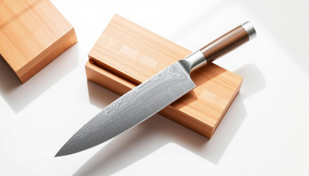 A meticulously crafted kitchen knife rests on a crisp, white background, its sleek blade reflecting the soft, natural lighting that illuminates the scene. The Shun Anniversary Knife, a true masterpiece of craftsmanship, is presented in all its glory, the exquisite Damascus steel pattern dancing across its surface. The knife is nestled within a luxurious, wooden box, its hinged lid open to reveal the treasured tool within. The composition is clean, allowing the knife to be the sole focus, conveying a sense of reverence and appreciation for this exceptional culinary instrument.