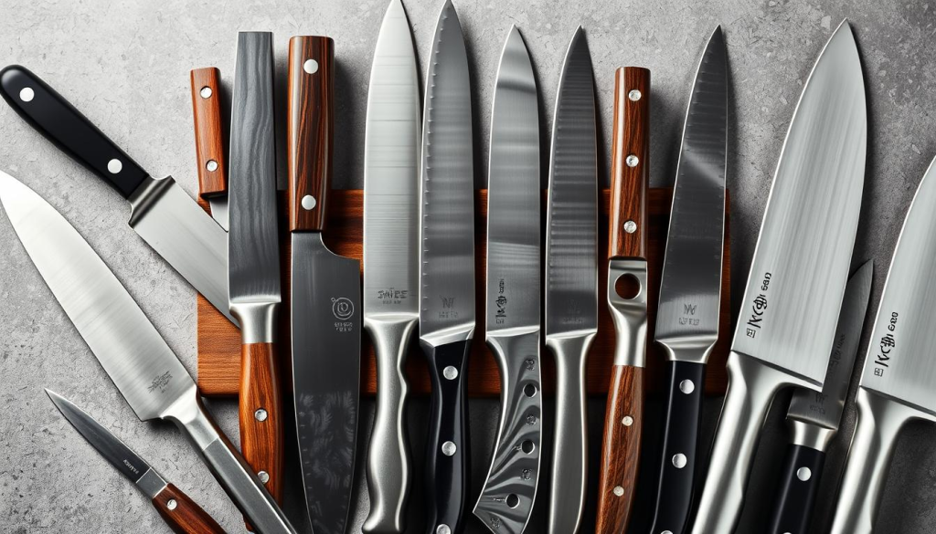 A meticulously crafted still life scene showcasing a diverse array of high-quality chef knives. Crisp, detailed rendering of the knives' blades, handles, and distinctive features, captured from multiple angles under soft, natural lighting. The knives are arranged in a visually striking composition, accentuating their unique designs and highlighting key characteristics such as blade shape, material, and overall craftsmanship. The overall mood is one of precision, sophistication, and the appreciation of fine culinary tools. The image conveys a sense of artistry and expertise, perfectly complementing the "Key Features of Chef Knives Pro" section of the article.