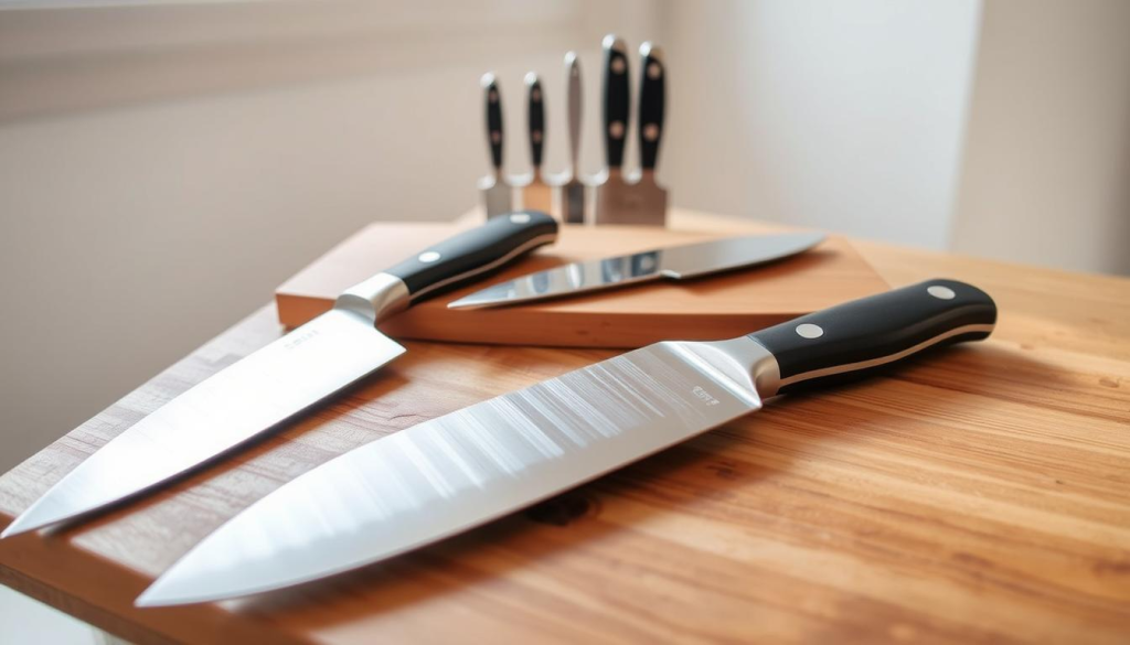 A neatly arranged collection of high-quality kitchen knives resting on a wooden surface, illuminated by soft, natural light filtering through a window. The knives feature sharp, gleaming blades and ergonomic handles, showcasing their premium craftsmanship. In the foreground, a chef's knife, a paring knife, and a serrated bread knife stand out, while in the middle ground, a set of smaller utility knives and a honing steel are visible. The background features a minimalist, clutter-free setting, emphasizing the focus on the top-rated chef's tools.