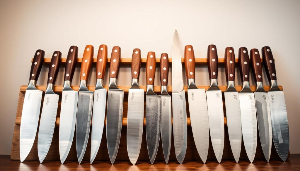 A neatly arranged display of custom chef knives, showcasing their unique shapes and sizes. In the foreground, an array of blades in various lengths and thicknesses, crafted from high-quality stainless steel, their sharp edges gleaming under the soft, warm lighting. In the middle ground, wooden handles in rich, earthy tones provide a natural contrast, each one carefully sculpted to fit the user's hand. The background is a clean, neutral setting, allowing the knives to take center stage and highlighting their individual personalities. The scene conveys a sense of precision, craftsmanship, and the potential to create culinary masterpieces with the perfect tool for the job.