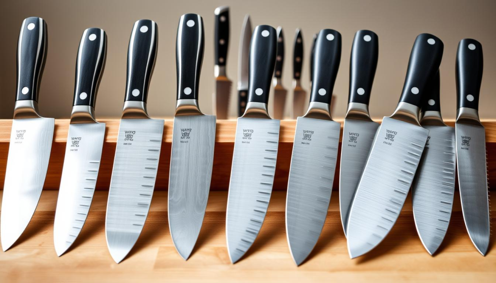 A perfectly arranged set of Wusthof chef knives, their razor-sharp blades gleaming under a soft, natural light. The knives are displayed on a clean, wooden surface, each one showcasing its distinct silhouette and intricate forged details. The foreground features a selection of the brand's most renowned models, including the classic 8-inch chef's knife and the versatile Santoku. In the middle ground, additional knives from the Wusthof lineup are presented, highlighting the brand's comprehensive range of culinary tools. The background is subtly blurred, keeping the focus on the precision-engineered blades and their exceptional craftsmanship. The overall atmosphere conveys a sense of professional-grade quality and the confidence that comes with using Wusthof's reliable, time-tested kitchen instruments.