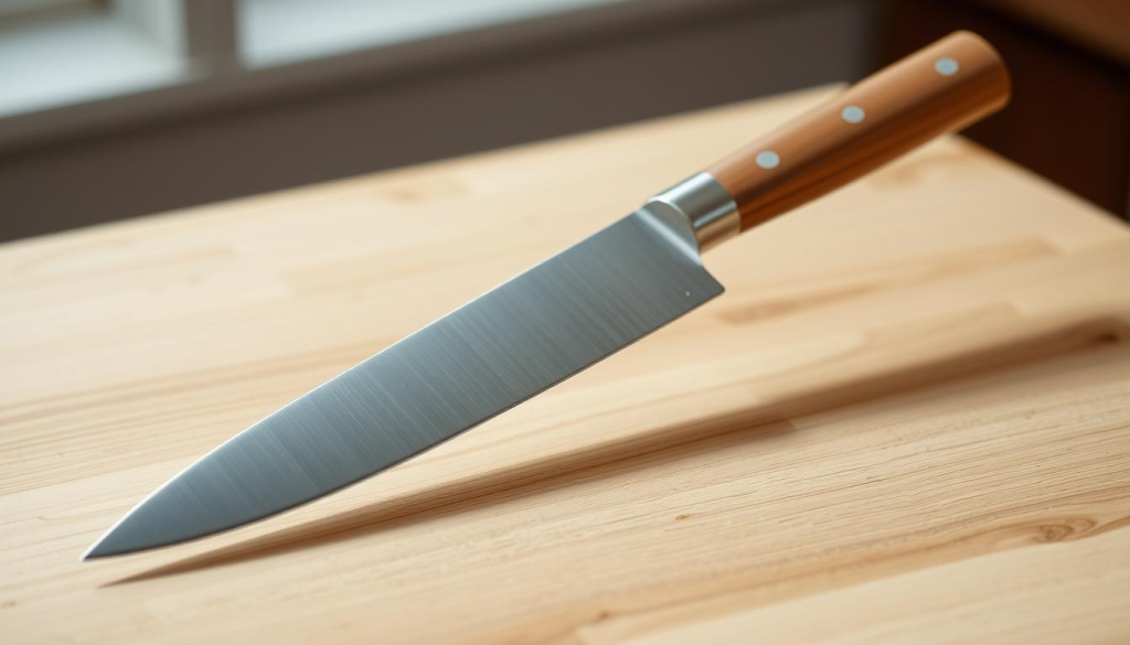 A precisely balanced chef's knife rests gracefully on a sleek wooden surface, its sharp stainless steel blade gleaming under the soft, natural light. The knife's handle is expertly crafted, offering a comfortable, ergonomic grip that seamlessly integrates with the blade, creating a harmonious and well-balanced tool. The scene is captured from a slightly elevated angle, emphasizing the knife's striking form and the importance of balance in the design of a high-quality culinary instrument.