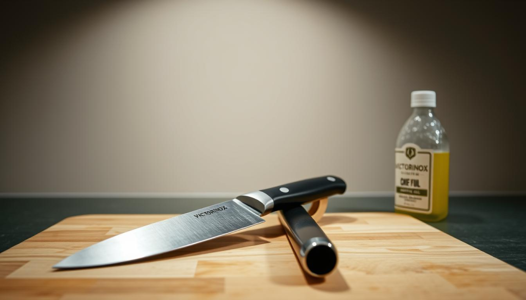 A pristine Victorinox chef's knife resting on a clean, wooden cutting board, with a sharpening steel and a bottle of honing oil placed alongside it. The knife is well-lit, showcasing its gleaming stainless steel blade and ergonomic handle. In the background, a simple kitchen setting with a neutral-toned wall creates a serene and focused atmosphere, emphasizing the importance of properly caring for this essential culinary tool. The image conveys a sense of pride and attention to detail in maintaining the exceptional quality and performance of the Victorinox chef's knife.