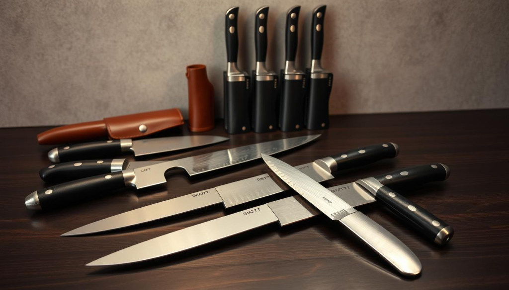 A pristine arrangement of high-quality chef knives resting on a sleek, dark wooden surface. The blades gleam under warm, directional lighting, casting subtle shadows that accentuate their sharp, precise contours. In the foreground, a selection of premium knives with ergonomic handles, including a chef's knife, a paring knife, and a serrated bread knife, are displayed in a careful, symmetrical layout. In the middle ground, additional knives in leather or wooden cases stand upright, showcasing their elegant, functional design. The background features a muted, textured wall, creating a sophisticated, professional atmosphere befitting a top-tier culinary setting.