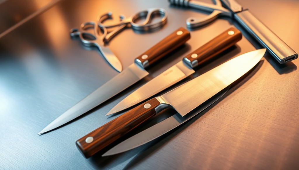 A pristine chef's knife set, meticulously arranged on a sleek, stainless steel kitchen counter. The blades, honed to a razor's edge, gleam under the warm, soft lighting, casting subtle shadows that accentuate their precision. In the foreground, a classic chef's knife and a serrated bread knife stand tall, their handles crafted from rich, dark wood. In the middle ground, a paring knife and a boning knife lie side by side, ready to tackle any culinary task. The background features a pair of sturdy kitchen shears and a sharpening steel, completing the comprehensive set. The overall composition exudes a sense of professionalism and functionality, perfectly suited for the discerning home cook or professional chef.