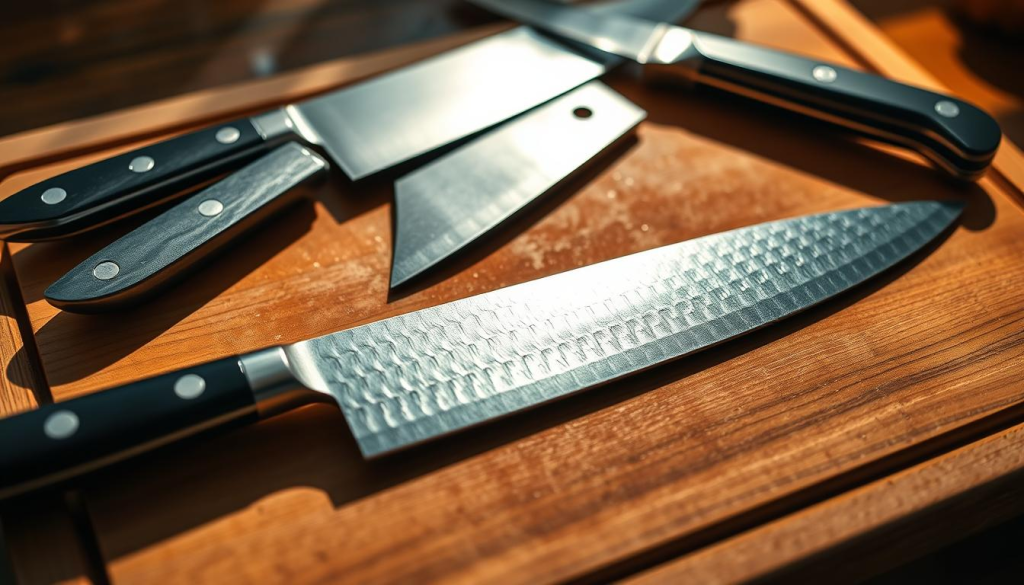 A pristine collection of premium chef knives rests on a sleek, polished wooden cutting board. The blades gleam under warm, directional lighting, casting dramatic shadows that accentuate their sharp, tapered profiles. In the foreground, a high-quality Japanese santoku knife takes center stage, its dimpled Damascus steel surface reflecting the scene with mesmerizing depth. Surrounding it, a set of elegant European-style chef's knives and a versatile utility knife stand ready, their ergonomic handles promising precision and control. The overall composition conveys a sense of professional-grade quality, inviting the viewer to imagine the culinary creations that could be crafted with these exceptional tools.