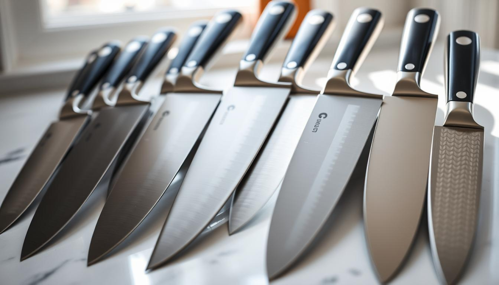 A pristine kitchen counter, bathed in soft, natural lighting. Resting upon it, a collection of sharp, gleaming knives - their blades honed to a razor's edge, their handles crafted from premium materials. The knives stand as sentinels, ready to assist the home cook in effortlessly slicing through even the toughest ingredients. Close-up, the intricate patterns of the blades' steel are visible, speaking to the quality of their construction and the care taken in their manufacture. A subtle sheen across the surfaces suggests meticulous maintenance, ensuring these knives remain in peak condition for years to come. The overall scene evokes a sense of culinary confidence and the promise of flawless food preparation.