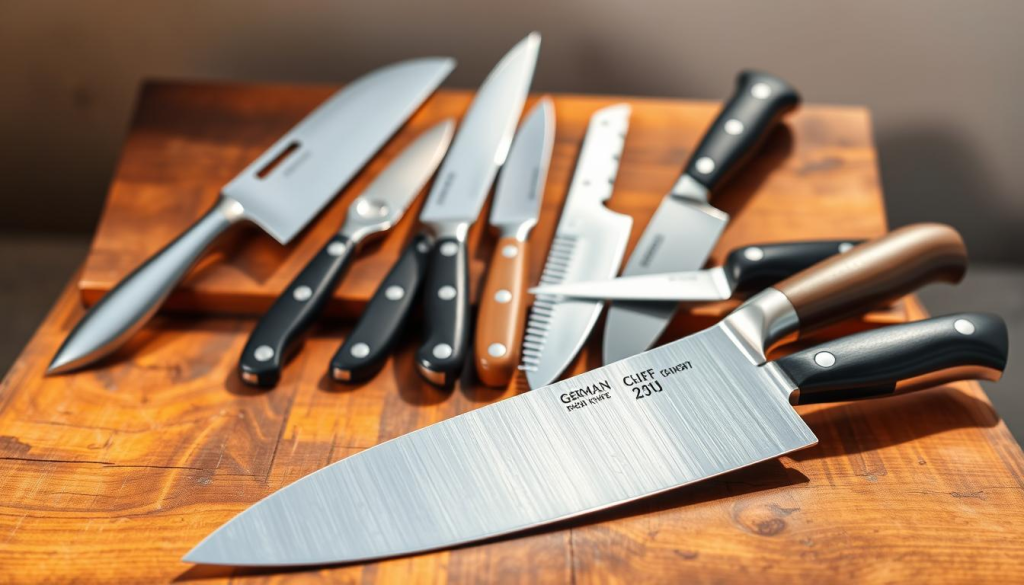 A pristine set of high-quality German chef knives arranged artfully on a rustic wooden surface, bathed in warm, natural lighting. In the foreground, a gleaming 8-inch chef's knife with a classic German-style blade and a sleek, ergonomic handle. In the middle ground, an array of precision-honed utility knives, paring knives, and a serrated bread knife, their sharp edges catching the light. The background features a neutral, uncluttered setting, allowing the knives to take center stage and showcase their superior craftsmanship and functional design. The overall scene exudes a sense of culinary mastery and refinement, perfectly suited to illustrate the "Types of German Chef Knives" section.