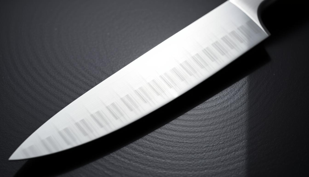 A pristine stainless steel chef's knife, its 6-inch blade gleaming under soft, directional lighting. The knife rests on a dark, textured surface, casting a subtle shadow that adds depth and dimension. The composition emphasizes the knife's clean lines, its sharp cutting edge hinting at the precise control and care required for proper maintenance. The overall mood is one of simplicity, functionality, and the quiet elegance of a well-crafted culinary tool.