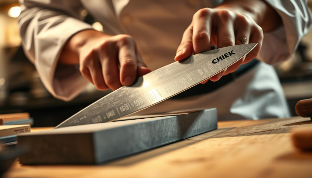 A professional chef carefully sharpening a high-quality chef's knife on a whetstoneunder warm, diffused lighting. The knife's blade glints as it is methodically drawn across the sharpening stone, the chef's hands steady and focused. The scene is captured from a low angle, emphasizing the importance and skill of the knife-sharpening process. The background is blurred, drawing the viewer's attention to the intricate movements of the chef's hands as they maintain and care for their essential culinary tool.