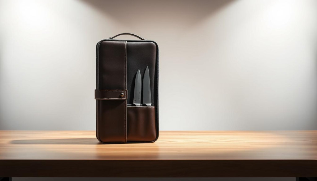 A professional chef knife case standing on a sleek wooden table, illuminated by soft directional lighting. The case is made of high-quality leather, with a luxurious matte finish and subtle stitching details. It features a compact, minimalist design with a zippered closure and a metal clasp. The interior is lined with a soft, padded material to securely hold a set of premium chef knives. The background is a simple, neutral backdrop, allowing the case to take center stage and showcase its elegant, functional form.