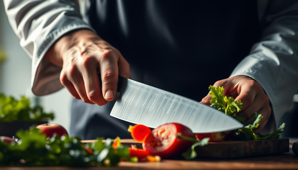 A professional chef skillfully wielding a high-quality chef's knife, captured in a close-up shot with dramatic lighting. The knife glides effortlessly through fresh vegetables, revealing the chef's precise, controlled movements and years of practice. The scene is set against a softly blurred background, emphasizing the intricate hand motions and the importance of knife skills for the discerning home cook. The image conveys a sense of mastery, focus, and the essential role of a well-crafted knife in the culinary arts.
