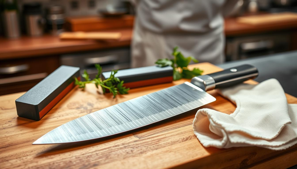 A professional chef's kitchen, well-lit with soft natural light. On a wooden cutting board, a gleaming chef's knife lies centered, its blade polished and sharp. Surrounding the knife are various maintenance tools: a sharpening stone, a honing steel, and a chef's knife cleaning cloth. In the background, a few sprigs of fresh herbs add a touch of culinary authenticity. The composition emphasizes the importance of proper care and maintenance for a chef's most essential tool, capturing the essence of the "Maintenance Tips for Chef Knives" section.