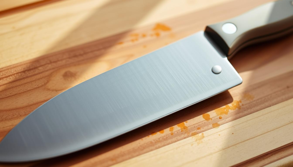 A professional-grade 6-inch chef's knife resting on a wooden cutting board. The blade is made of high-carbon stainless steel, with a sharp, precisely-honed edge. The knife has a comfortable, ergonomic handle in a neutral tone, allowing for a secure grip. Soft, natural lighting illuminates the knife from the side, casting gentle shadows and highlighting the knife's sleek, utilitarian design. The overall scene conveys a sense of culinary expertise and attention to detail, suitable for illustrating essential knife skills for the home cook.