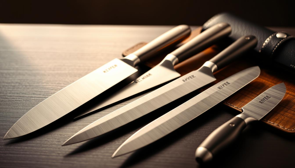 A professional-grade chef's knife set laid out on a dark wooden table, with a sleek black leather knife roll beside it. The knives feature high-quality stainless steel blades with a sharp, precise edge. The handles are ergonomically designed for comfortable, controlled use. Soft, warm lighting casts a subtle glow across the scene, emphasizing the premium quality and craftsmanship of the set. The composition is well-balanced, with the knives and case occupying the foreground, and a blurred, minimalist background to keep the focus on the main subject. The overall mood is one of sophistication, practicality, and the tools of a skilled culinary professional.