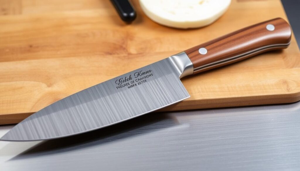 A professional, high-quality chef's knife with a customized, engraved handle. The blade is made of stainless steel, with a sharp, precise edge. The handle is made of a durable, ergonomic material, such as wood or a composite. The engraving on the handle is detailed and intricate, showcasing the knife owner's personal style or a unique design. The knife is presented on a clean, neutral surface, such as a wooden cutting board or a metal countertop, with a warm, natural lighting setup that highlights the craftsmanship and attention to detail. The overall mood is one of sophistication, practicality, and personalization, reflecting the "Professional vs. DIY Engraving" section of the article.
