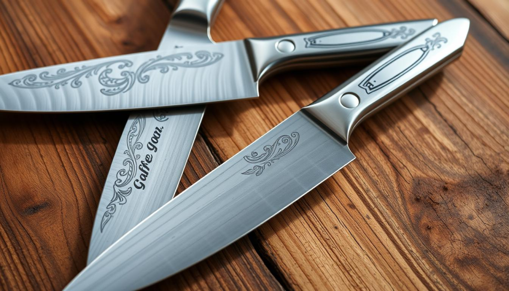 A set of three exquisitely crafted chef knives, their blades engraved with intricate designs that dance along the steel. The knives rest on a rustic wooden surface, the natural grain and warm tones providing a striking contrast to the polished metal. Soft, directional lighting casts subtle shadows, accentuating the depth and texture of the engraved patterns. The composition evokes a sense of both functionality and artistry, inviting the viewer to imagine the culinary possibilities these personalized tools could unlock.