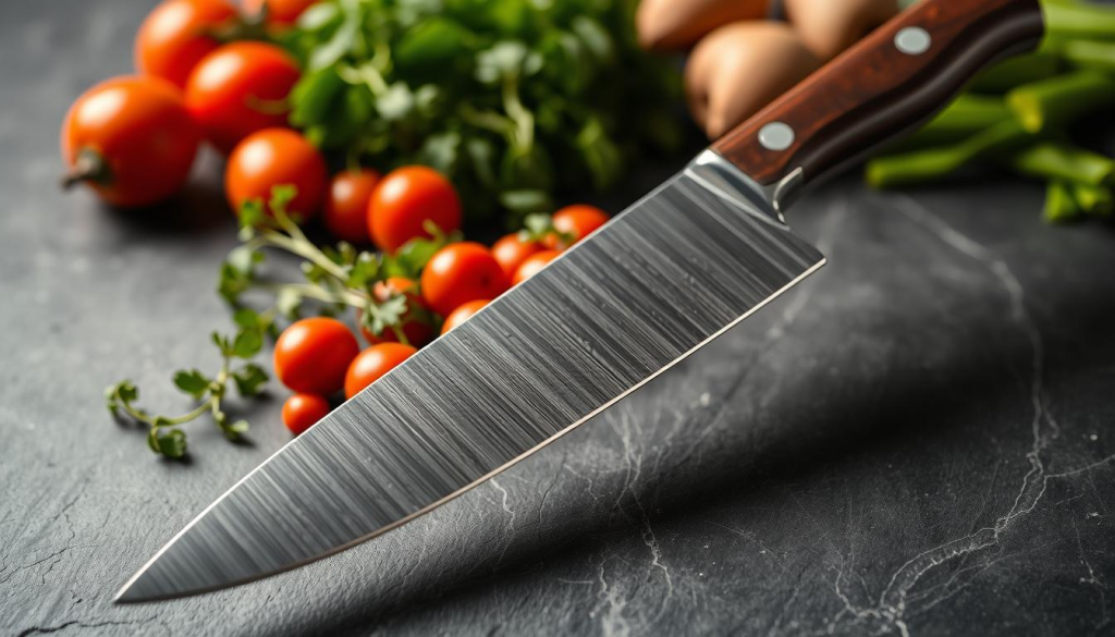 A sharp, gleaming carbon steel chef knife resting on a slate surface, the blade's edge catching the light from an overhead spotlight. The knife's handle is made of dark, polished wood, providing a striking contrast to the steel. In the middle ground, a pile of fresh herbs and vegetables, their vibrant colors complementing the knife's utilitarian form. The background is softly blurred, allowing the focus to remain on the knife's impressive craftsmanship and its role as a versatile tool for the discerning home chef.
