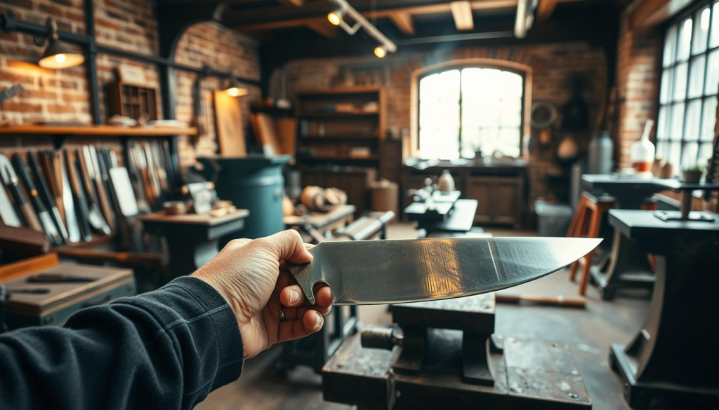 A skilled artisan crafting a custom chef knife in their well-equipped workshop. The forefront features the blacksmith's hands delicately shaping and sharpening the blade with precise movements, the steel gleaming under warm lighting. In the middle ground, an array of specialized tools and materials - hammers, anvils, quenching tanks - arranged with meticulous care. The background reveals the workshop's rustic charm, with exposed brick walls, wooden beams, and a large window letting in natural light that creates a cozy, inviting atmosphere.