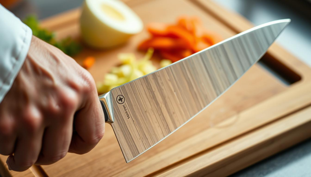 A skilled chef's hand firmly gripping a gleaming Victorinox chef's knife, deftly slicing through a freshly chopped vegetable. The blade's sharp, precision-honed edge glides effortlessly, its stainless steel finish reflecting the warm kitchen light. In the background, a wooden cutting board contrasts with the knife's sleek form, while the crisp, clean lines of the Victorinox design evoke a sense of quality craftsmanship. The scene captures the versatility and control offered by this reliable kitchen companion, perfectly suited for a wide range of culinary tasks.