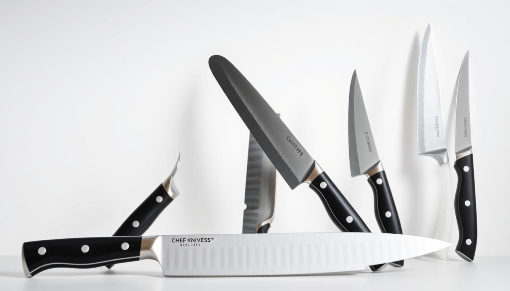 A sleek arrangement of high-quality chef knives, meticulously crafted with razor-sharp blades and ergonomic handles. The knives are displayed against a clean, minimalist background, with soft, directional lighting accentuating their steel surfaces and highlighting the intricate details. The knives are positioned at varying angles, creating a dynamic and visually appealing composition. The overall mood is one of professionalism, precision, and the promise of exceptional cooking performance, perfectly suited for a home cook's kitchen.