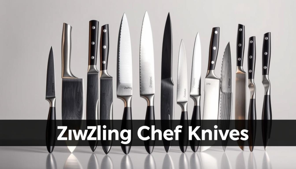 A sleek collection of Zwilling chef knives gleaming under warm studio lighting, showcasing their precision-crafted German steel blades and ergonomic handles. The knives are arranged in a dynamic, visually appealing composition, with each model standing out against a minimalist backdrop. The image captures the quality, durability, and versatility of these professional-grade culinary tools, inviting the viewer to imagine their performance in the kitchen. Subtle reflections and shadows accentuate the knives' striking silhouettes, creating a sense of depth and balance. This image effectively represents the "Types of Zwilling Chef Knives" section, highlighting the brand's renowned craftsmanship and the diverse range of options available to discerning home cooks and chefs.