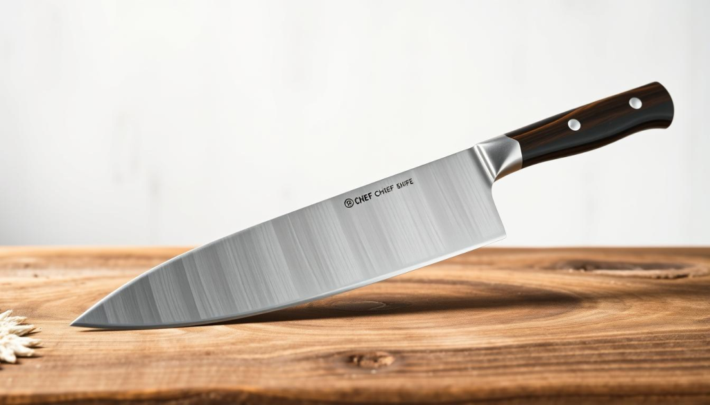 A sleek, high-quality 8-inch chef's knife sitting atop a rustic wood surface, its polished stainless steel blade reflecting the soft, natural lighting. The knife is presented in the foreground, commanding attention, with a minimalist background that emphasizes its clean, modern design. The composition highlights the knife's weight, balance, and razor-sharp edge, conveying its precision and versatility as a popular, top-rated kitchen essential. The overall mood is one of sophisticated simplicity, showcasing the knife as a reliable, professional-grade tool for the discerning home cook.