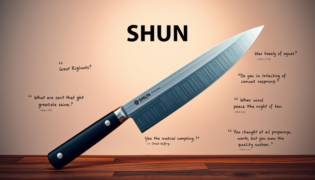 A sleek, high-quality kitchen knife against a minimalist background, showcasing customer reviews and testimonials. Shun logo prominently displayed, with a mix of handwritten and typed comments praising the knife's craftsmanship, performance, and durability. Warm lighting casts a soft glow, highlighting the knife's clean lines and sharp edge. Camera positioned at a slight angle to create a sense of depth and attention to detail. Muted color palette with hints of wood grain and natural materials to reflect the product's premium quality. An image that exudes professionalism, quality, and customer satisfaction.