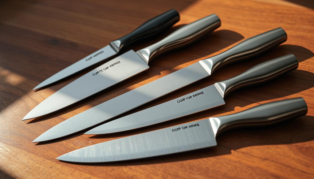A sleek, high-quality kitchen knife set elegantly displayed on a wooden surface. The knives are arranged in a visually appealing layout, showcasing their sharp blades and ergonomic handles. The set includes a variety of sizes, from a large chef's knife to a smaller paring knife, all crafted with precision and attention to detail. The knives are illuminated by natural light, casting subtle shadows and highlighting their metallic finishes. The scene conveys a sense of culinary sophistication, inviting the viewer to imagine the set in use, effortlessly preparing a wide range of delicious meals.