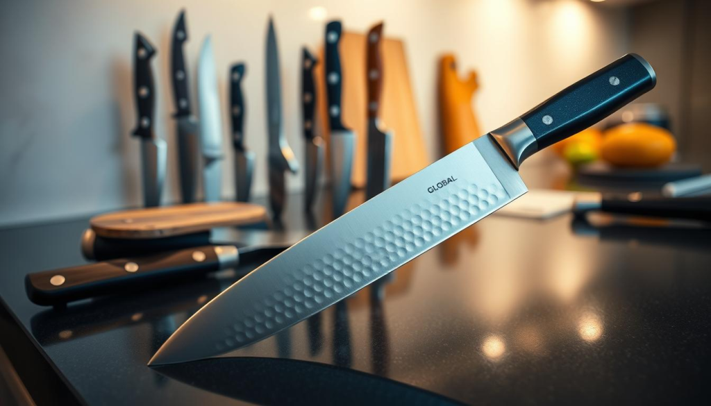 A sleek, modern kitchen countertop, bathed in warm, soft lighting. Prominently displayed are several chef's knives, their blades gleaming under the gentle illumination. In the foreground, a sharp, high-quality Global chef's knife, with its distinctive dimpled blade, stands out, surrounded by other renowned knife brands for comparison. The mid-ground features a variety of knife styles, shapes, and sizes, allowing the viewer to observe the unique characteristics and differences between the global knife and its competitors. The background softly fades, keeping the focus on the knives and their precise craftsmanship. The overall scene conveys a sense of quality, attention to detail, and the discerning eye of the culinary expert.