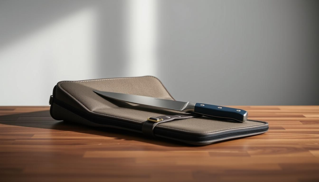 A sleek, premium-grade chef knife storage case resting on a minimalist wooden table, illuminated by soft, directional lighting that casts subtle shadows. The case is made of high-quality materials, perhaps a mix of leather, canvas, and metal hardware, conveying a sense of durability and craftsmanship. The design is both practical and visually appealing, with thoughtful details like reinforced corners and a secure closure mechanism. The case is positioned in the foreground, with a plain, uncluttered background allowing the product to take center stage. The overall mood is one of sophistication, functionality, and travel-readiness, perfectly suited for the "Travel Considerations for Chef Knives" section of the article.