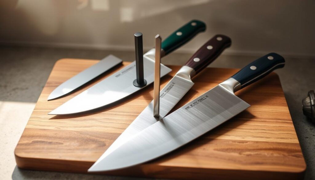 A sleek set of high-quality chef knives resting on a wooden cutting board, illuminated by soft, natural lighting. The knives feature sharp, stainless-steel blades and ergonomic, non-slip handles in various hues, exuding a sense of professional-grade craftsmanship. In the middle ground, a small knife sharpening steel stands upright, hinting at the importance of proper knife maintenance. The background showcases a minimalist kitchen counter or table, with a subtly textured surface and muted, earthy tones that complement the overall scene. The overall composition conveys the essence of caring for and preserving a set of premium chef knives, essential for the home cook's culinary journey.