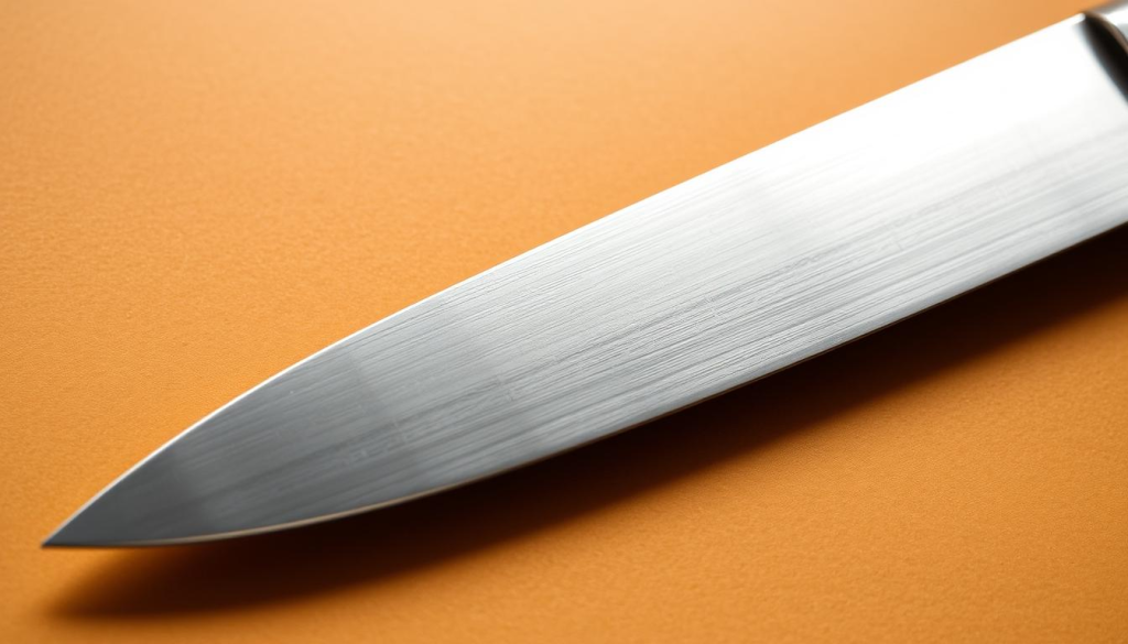 A stainless steel chef's knife blade, gleaming under soft, directional lighting. The blade tapers to a sharp, precise point, with a smooth, gradually curving belly. The metal has a subtle satin finish, reflecting the warm tones of the background. The blade's edge is honed to perfection, casting a subtle highlight along its length. The handle is not visible, allowing the focus to remain solely on the essential form and function of the standard chef's knife blade.