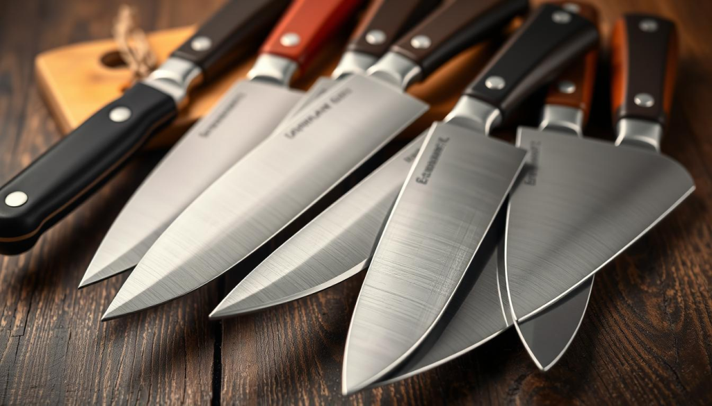 A still-life arrangement showcasing a collection of high-quality German chef knives. In the foreground, gleaming stainless steel blades with distinctive pointed tips and full-tang construction, each knife poised atop a dark, weathered wooden surface. The middle ground features the knives' ergonomic, riveted handles in various shades of black, red, and beige, providing a tactile contrast to the blades. The background is softly blurred, focusing attention on the intricate details and craftsmanship of these professional-grade culinary tools. Warm, diffused lighting accentuates the sleek, elegant lines of the knives, conveying a sense of precision, durability, and culinary mastery.