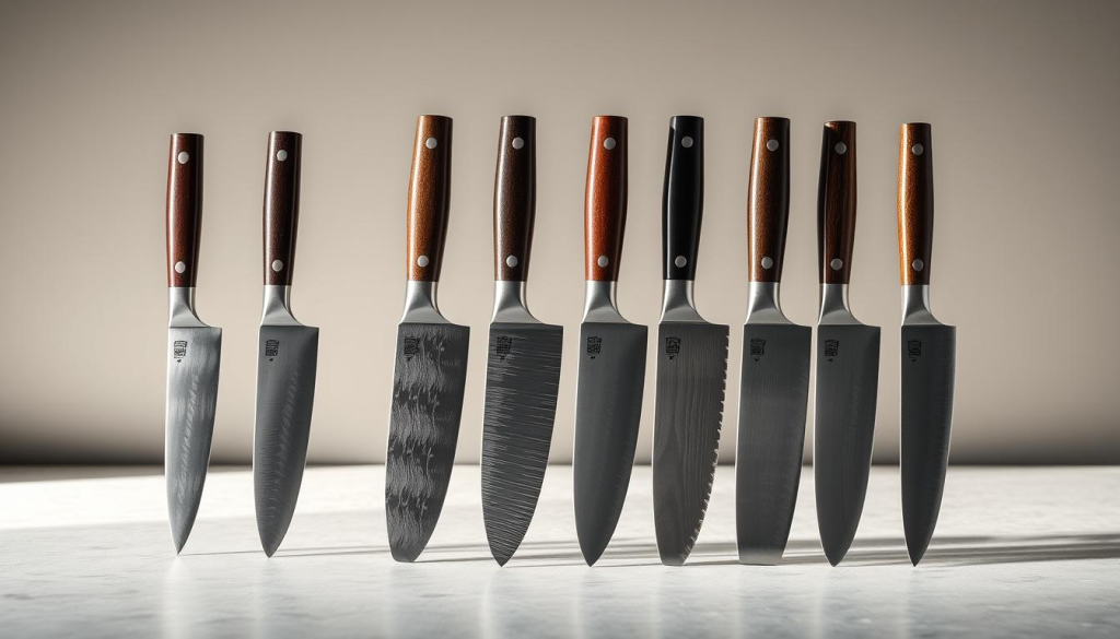A still life showcase of high-quality Japanese chef knives, each forged from a distinct steel type. The knives are arranged in the foreground, illuminated by soft, directional lighting that casts subtle shadows, highlighting their polished, razor-sharp blades. The middle ground features a clean, minimalist background, allowing the knives to take center stage. The overall mood is one of precision, craftsmanship, and the appreciation of fine culinary tools. The image conveys the unique characteristics and capabilities of different Japanese steel types, inspiring the viewer's culinary imagination.