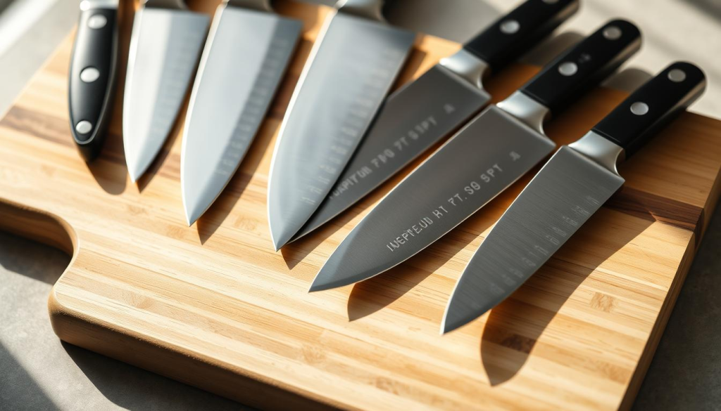 A well-curated set of professional chef knives resting on a clean, wooden cutting board. The knives are sharp, gleaming, and arranged in a visually-appealing manner, showcasing their high-quality construction and careful maintenance. Soft, natural lighting from the side casts gentle shadows, highlighting the knives' precise edges and contours. The overall composition conveys a sense of care, attention to detail, and the pride a skilled chef takes in their tools. The scene exudes a serene, almost meditative atmosphere, inviting the viewer to appreciate the artistry and discipline required to properly care for and maintain a professional chef's most essential implements.