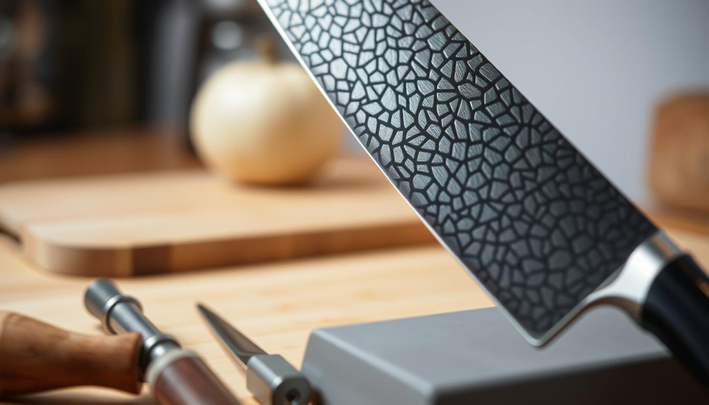 A well-lit, close-up shot of a Damascus steel chef's knife, meticulously maintained and cared for. The blade's intricate pattern shimmers in the soft, directional lighting, accentuating the knife's craftsmanship. In the foreground, a set of specialized sharpening tools, including a honing rod and whetstone, are arranged neatly, conveying the importance of regular knife maintenance. The middle ground features a clean, wooden cutting board, hinting at the knife's practical use in the kitchen. The background is softly blurred, creating a sense of focus and attention on the knife's care and upkeep. The overall mood is one of precision, dedication, and the appreciation of a high-quality culinary tool.