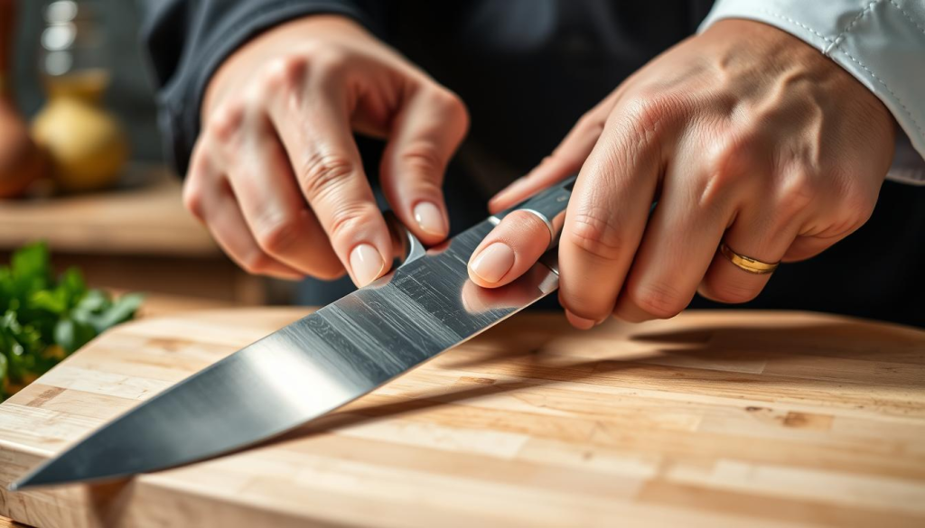 A well-lit, close-up shot of a German chef's hand carefully maintaining a high-quality, stainless steel chef's knife. The knife is placed on a clean, wooden cutting board, with the blade's edge facing the camera. The hand, adorned with a chef's sleeve, is meticulously sharpening the knife using a whetstone, creating a captivating display of craftsmanship and attention to detail. The scene exudes a sense of professionalism and dedication to the art of culinary excellence, perfectly capturing the essence of "Maintenance Tips for Your German Chef Knife".