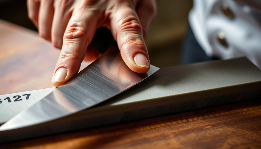 A well-lit, close-up shot of a chef's hand carefully sharpening the blade of an 8-inch chef's knife on a whetstone. The hand is using a precise, angled motion, focusing intently on maintaining the knife's edge. The knife's steel blade reflects the light, showcasing its sharpness. The whetstone's surface is slightly worn, indicating regular use. The background is blurred, placing the focus on the intricate sharpening technique. The overall mood is one of skilled craftsmanship and attention to detail, perfectly capturing the essence of caring for a chef's most essential tool.