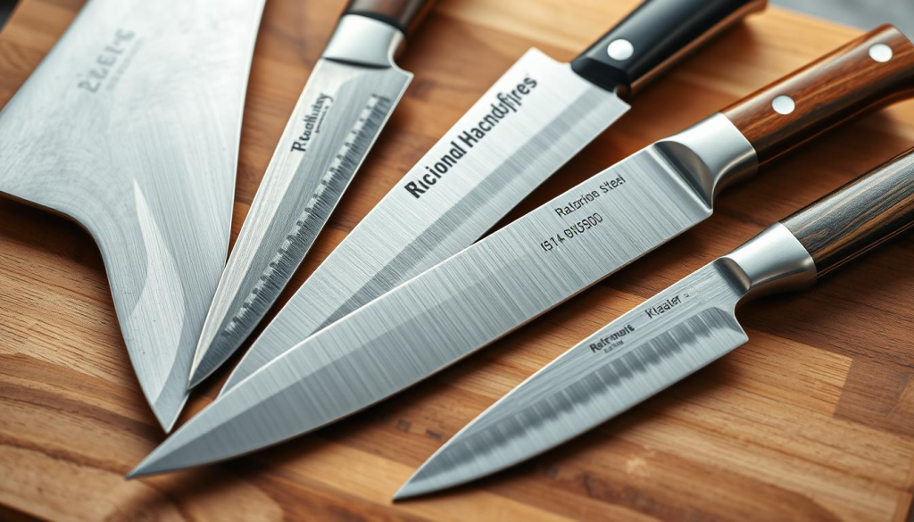 A well-lit, high-angle close-up shot of a collection of high-quality handforged chef knives arranged on a wooden cutting board. The knives should have a mixture of classic and modern blade shapes, ranging from a sturdy cleaver to a delicate paring knife, all crafted with premium stainless steel blades and elegant wooden or resin handles. The knives should be positioned to showcase their sleek, razor-sharp profiles, with a focus on the intricate textures and contours that define their quality and craftsmanship. The lighting should be soft and warm, casting gentle shadows that accentuate the knives' forms and materials. The overall mood should convey a sense of artistry, precision, and the pride of owning superior culinary tools.