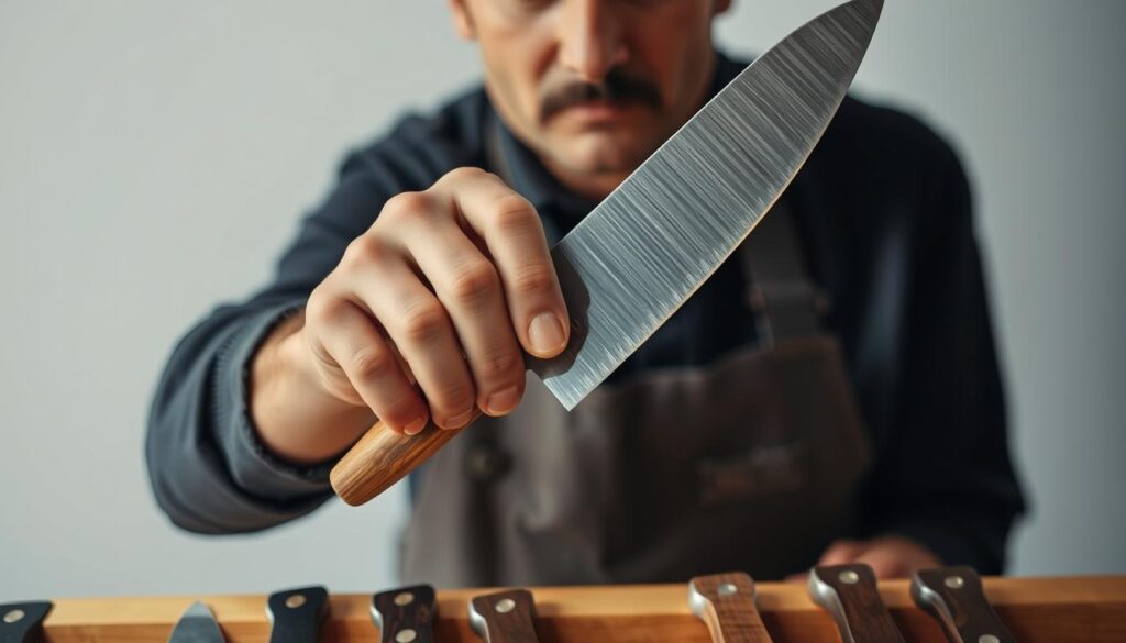 A well-lit, high-angle shot of a person's hands carefully selecting a chef's knife from a display of various blades. The knife's steel blade gleams under warm, even lighting, while the handle material, such as wood or polymer, is clearly visible. The person's face is partially obscured, but their focused expression conveys the importance of choosing the right tool. The background is clean and minimal, placing the knife selection process at the center of the frame. The overall mood is one of thoughtful consideration, with the viewer encouraged to imagine themselves in the same position, contemplating the perfect chef's knife for their culinary needs.