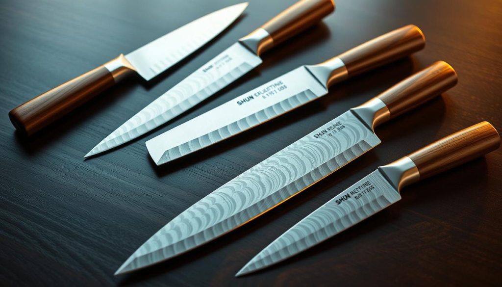A well-lit, high-quality photograph of a premium collection of Shun chef knives arranged on a sleek, dark wooden surface. The knives are displayed in an appealing, symmetrical composition, showcasing their exceptional craftsmanship and razor-sharp blades. The blades have a distinctive Damascus-style pattern, reflecting the intricate forging process that gives Shun knives their renowned durability and edge retention. Soft, warm lighting accentuates the knives' beautiful satin-finish handles, made from lightweight, durable pakkawood. The image conveys the precision, elegance, and functional excellence that define the Shun brand, capturing the essence of these exceptional culinary tools.