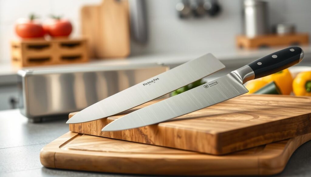 A well-lit, high-quality still life of a top-rated chef knife set with a wooden cutting board and a stainless steel kitchen knife case in the foreground. The knives should be arranged neatly, showcasing their razor-sharp blades, ergonomic handles, and high-quality construction. The background should feature a clean, minimalist kitchen setting, with a neutral color palette and subtle reflections on the stainless steel case. The overall composition should convey a sense of professionalism, practicality, and attention to detail, reflecting the quality and utility of the chef knife set.